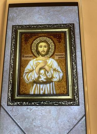 Ікона свʼятий преподобний олексій з бурштину1 фото