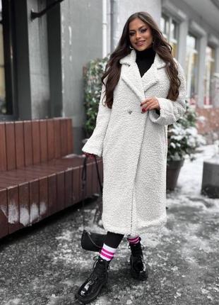 Пальто еко шуба жіноче довге зимове на зиму тепле бежеве коричневе сіре чорне рожеве біле коричневе зелене базове тедді кежуал оверсайз1 фото
