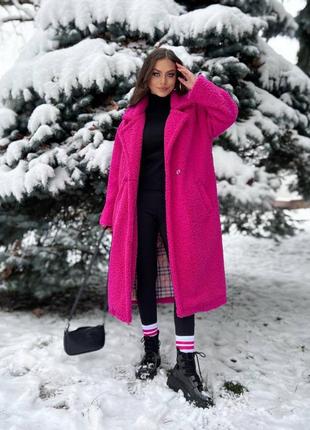 Пальто еко шуба жіноче довге зимове на зиму тепле бежеве коричневе сіре чорне рожеве біле коричневе зелене базове тедді кежуал оверсайз4 фото
