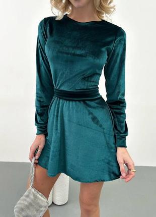 Неймовірна оксамитова сукня коротка з рукавами приталена з поясом вільного крою по фігурі1 фото