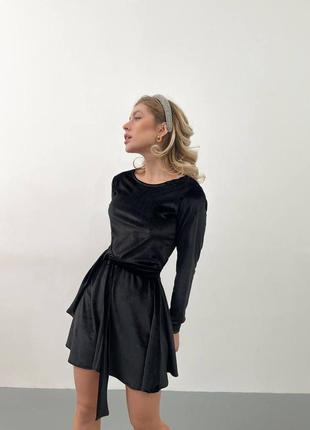 Невероятное бархатное платье короткое с рукавами приталенное с поясом свободного кроя по фигуре3 фото