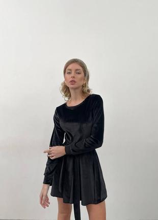 Неймовірна оксамитова сукня коротка з рукавами приталена з поясом вільного крою по фігурі2 фото