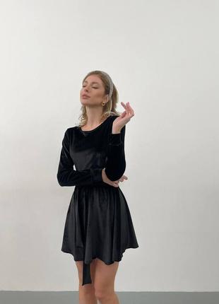 Неймовірна оксамитова сукня коротка з рукавами приталена з поясом вільного крою по фігурі5 фото