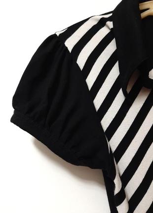 Красива чорна кофточка в смужку білу з коміром, короткі рукави стрейч трикотин жіноча блуза6 фото