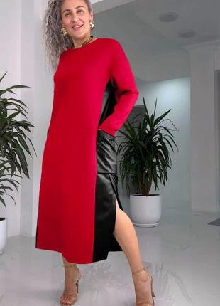 Платье черное! красный цвет итальянский трикотаж + эко кожа5 фото