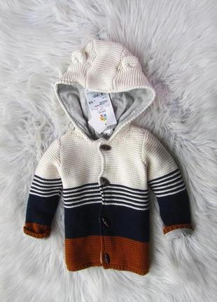 Теплая вязаная хлопковая кофта кардиган свитер толстовка худи с капюшоном и ушками topomini topolino2 фото