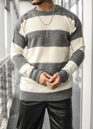 Теплый вязаный мужской свитер оверсайз oversize р.s-xl серый в белую полоску
