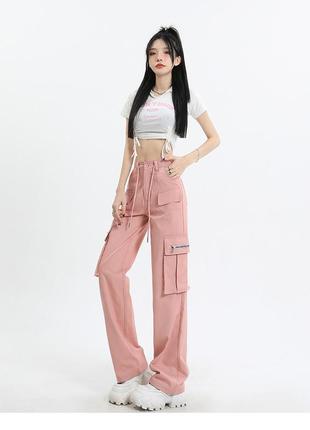 Пудрові карго з карманами джинси 9123 штани висока посадка ніжно рожеві клеш1 фото