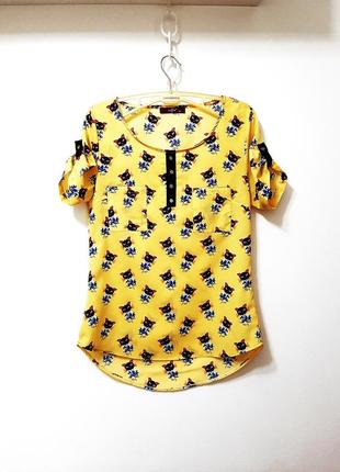 Літня блуза жіноча з короткими рукавами жовта принт ведмедики бантики р42/44