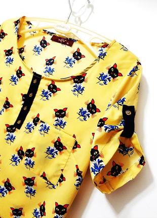 Жовта блуза кофточка з короткими рукавами на хлястиках принт ведмедики бантики сорочка жіноча р42/443 фото