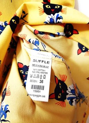 Жовта блуза кофточка з короткими рукавами на хлястиках принт ведмедики бантики сорочка жіноча р42/448 фото
