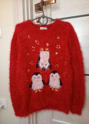 Теплый пушистый новогодний свитер свитшот кофта травка красный для девочки 9-10 лет