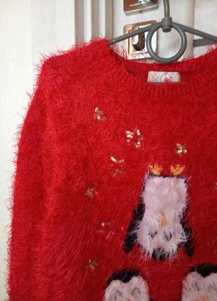 Теплый пушистый новогодний свитер свитшот кофта травка красный для девочки 9-10 лет3 фото