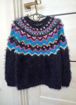Теплый пушистый новогодний свитер свитшот кофта клетка для девочки 10-11 лет