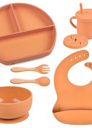 Набор детской силиконовой посуды 2life y25 из 7 предметов с деревянными приборами оранжевый n-11366