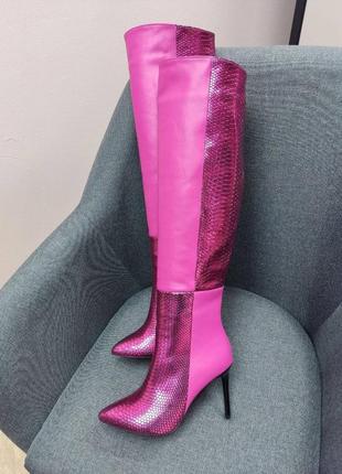 Екслюзивні чоботи ботфорти з натуральної італійської шкіри жіночі фуксія