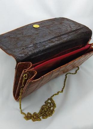 Лаковый клатч на магните, маленькая сумочка рыжая под крокодил кожу крокодила косметичка6 фото