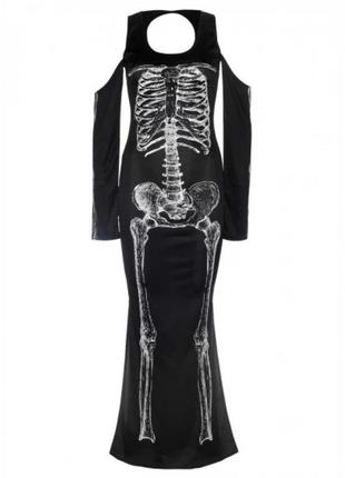 Платье макси leg avenue, s/m, с принтом скелета и боковым вырезом, черное3 фото