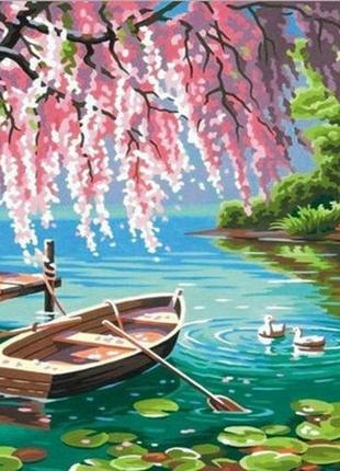 Алмазная мозаика пейзаж лодка пруд 25*35см по номерам ( размер холста 30*40 см )