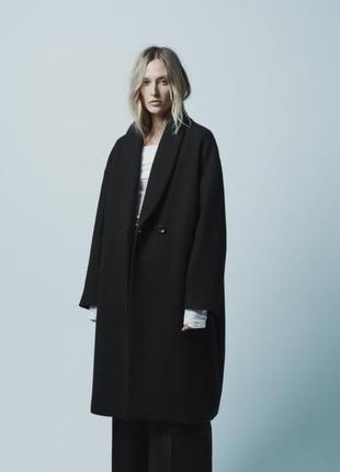 Стильное двубортное прямое пальто оверсайз фасона с шерстью шерстяное zara зара