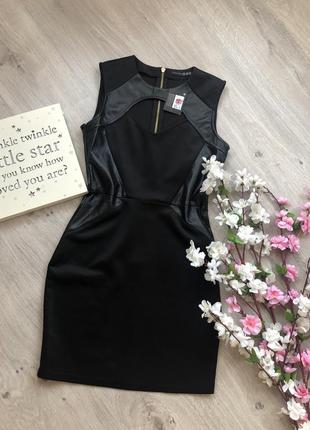 Чёрное короткой платье, платье с кожаными вставками ( экокожа)1 фото