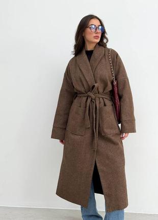 Пальто елочка под пояс на запах пальто кимоно