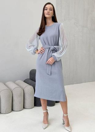 Зручна гарна сукня з шифоновими рукавами з поясом 44-50 розміри сіра3 фото