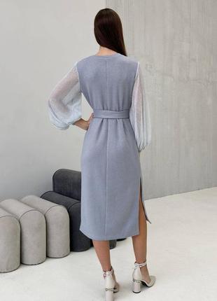 Удобное красивое платье с шифоновыми рукавами с поясом 44-50 размеры серое2 фото