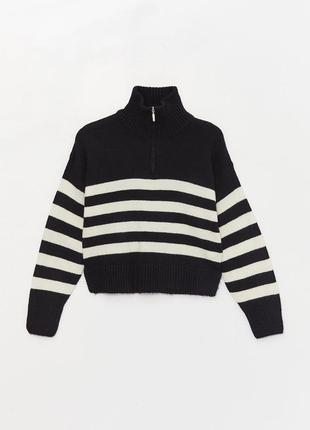 Темно синий вязаный полосатый  свитер в полоску с молнией водолазка вайкики, свитерок джемпер, кофта в полосатый теплый свитерок кофта