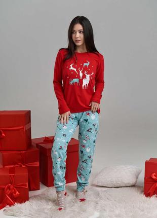 Жіноча піжама з новорічним принтом, новорічна піжама різдвяна піжама в олені, піжама зі штанами