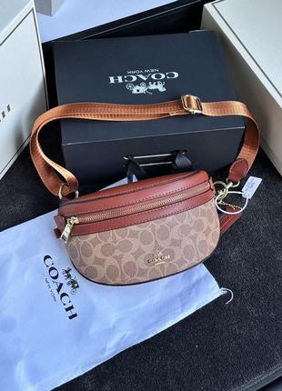 Сумка бананка  premium coach leather signature belt bag, tan/rust