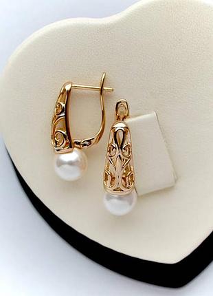 Позолочені сережки перли медичне золото подарунок позолоченные серьги жемчуг медзолото подарок