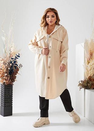 Пальто батал на пуговицах с капюшоном накладные нагрудные карманы с клапаном рукав на манжете ткань кашемир трикотажный елочка без подкладки