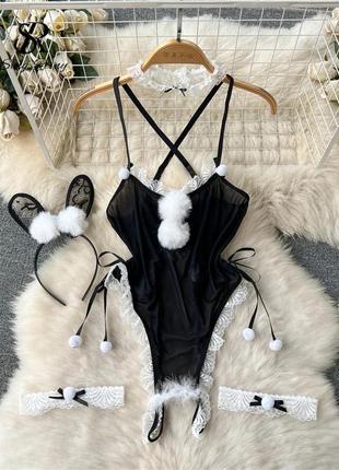 Сексуальное женское нижнее белье боди ушки чокер подвязки зая