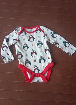Новогодний боди f&f 50/56 см бодик на новый год рождество девочка мальчик пингвины 0-1-2-3 мес