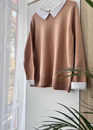 Свитер оверсайз primark с рубашкой, рубашка кэмел имитация, свитер осень4 фото