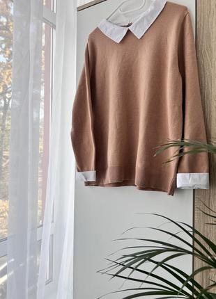 Свитер оверсайз primark с рубашкой, рубашка кэмел имитация, свитер осень2 фото