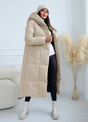 Куртка пальто женская теплая зимняя длинная с капюшоном утеплена на зиму базовая стеганая черная бежевая серая батал повседневная пуховик
