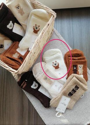 Милі шкарпетки з ведмедиками в молочному кольорі плюшеві теплі жіночі шкарпеточки