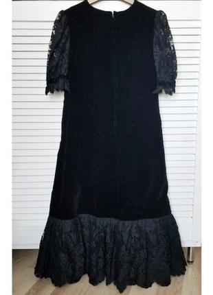 Чорне оксамитове міді плаття нарядне вінтажна сукня ошатна чорна сукня з мереживом оксамитова міді сукня з коротким рукавом сукня трапеція3 фото