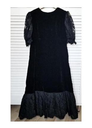 Чорне оксамитове міді плаття нарядне вінтажна сукня ошатна чорна сукня з мереживом оксамитова міді сукня з коротким рукавом сукня трапеція2 фото