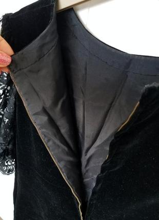 Чорне оксамитове міді плаття нарядне вінтажна сукня ошатна чорна сукня з мереживом оксамитова міді сукня з коротким рукавом сукня трапеція5 фото