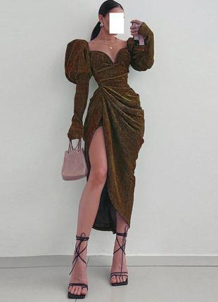 Розпродаж плаття prettylittlething міді з глітером сяюче asos з драпіруванням2 фото