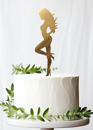 Золотий топпер "силует дівчини стоїть" 15х5cм (без палички) фігурка на торт квіти з дзеркального пластику золото