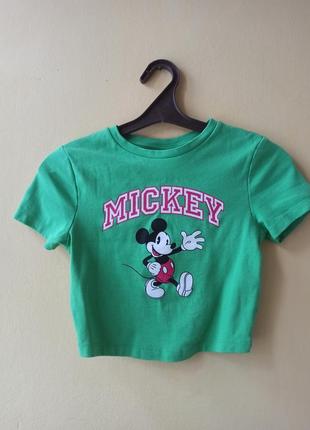 Яркий зеленый топ кроп топ с микки маусом disney мультяшный топ мульти дд