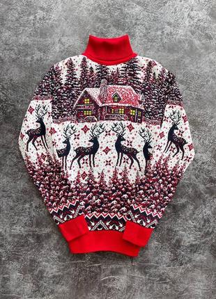 Чоловічий новорічний светр з оленями "house" червоний, під шию, розмір м