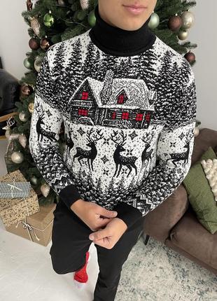 Мужской новогодний свитер с оленями "house" чёрный, под шею, размер l