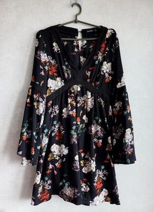 Черное мини платье в цветочный принт с широкими рукавами от boohoo2 фото
