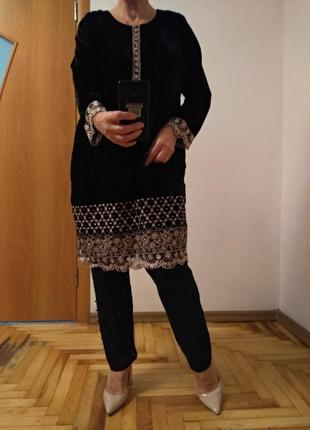 Велюровое платье с вышивкой, индийский наряд, размер 149 фото