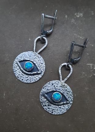 Эксклюзивные дизайнерские серебряные серьги "всеячий глаз" серебро 925 природный опал10 фото